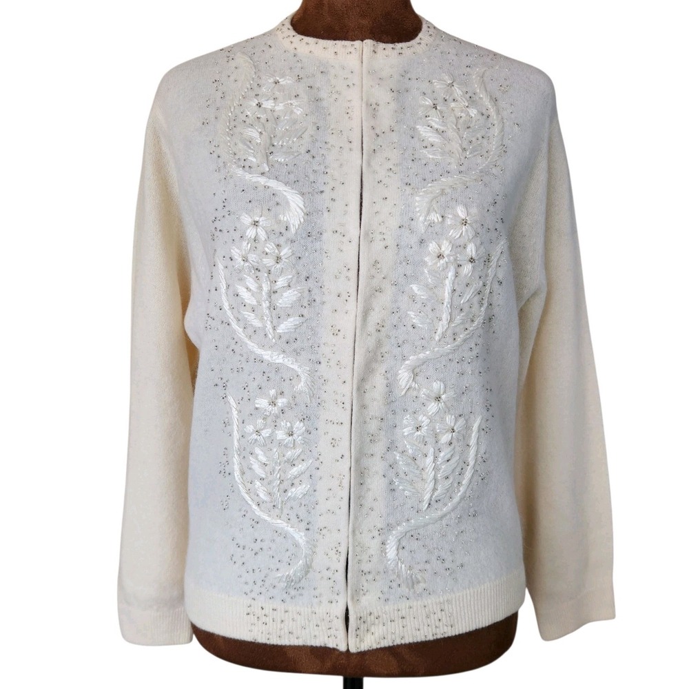 Barbara Lee Vintage 50's Cardigan Beaded Embroider Cream Wool Rabbit Sweater VTG